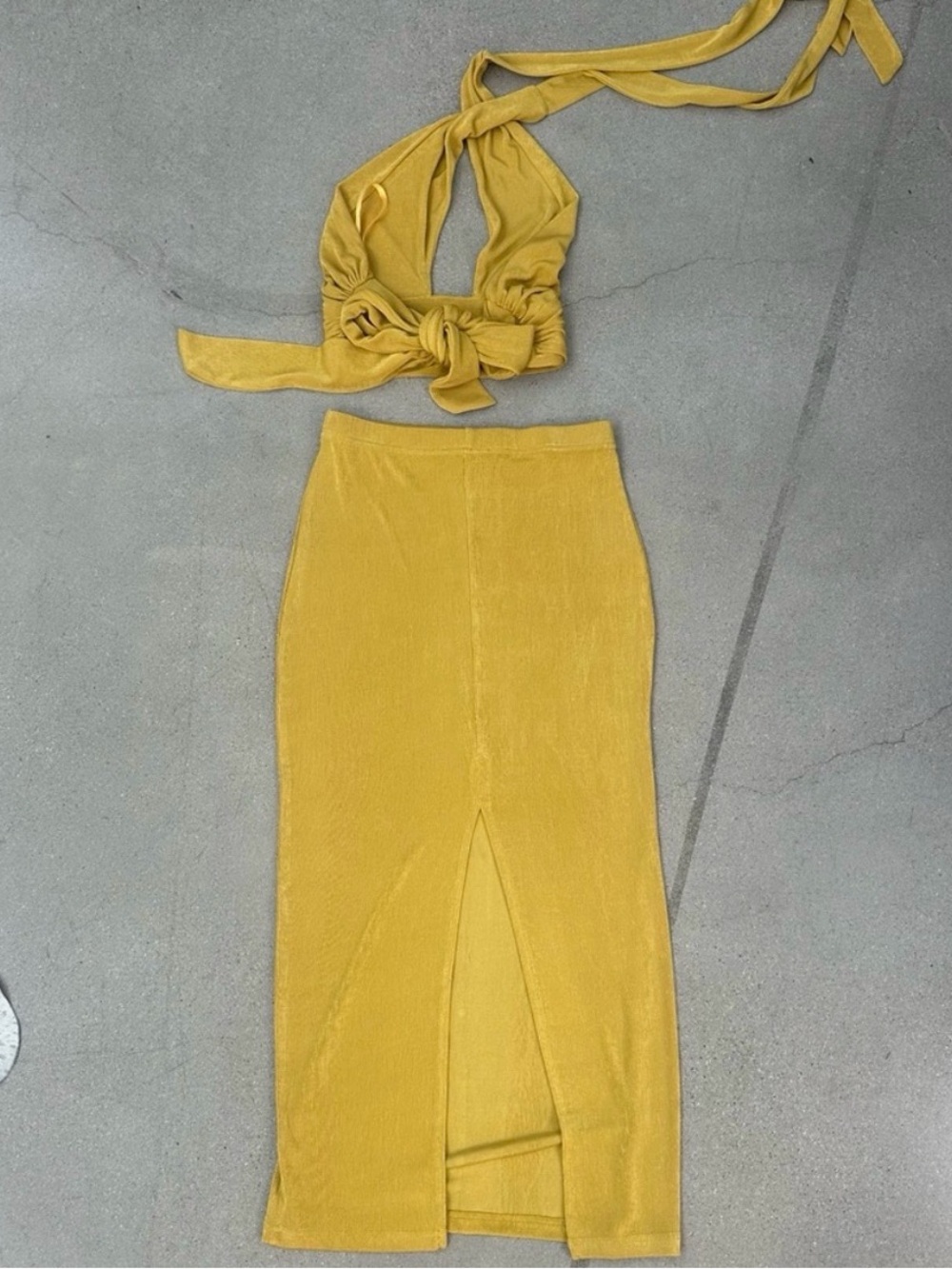 Ribbed Midi Skirt in Mustard Yellow with Front Slit